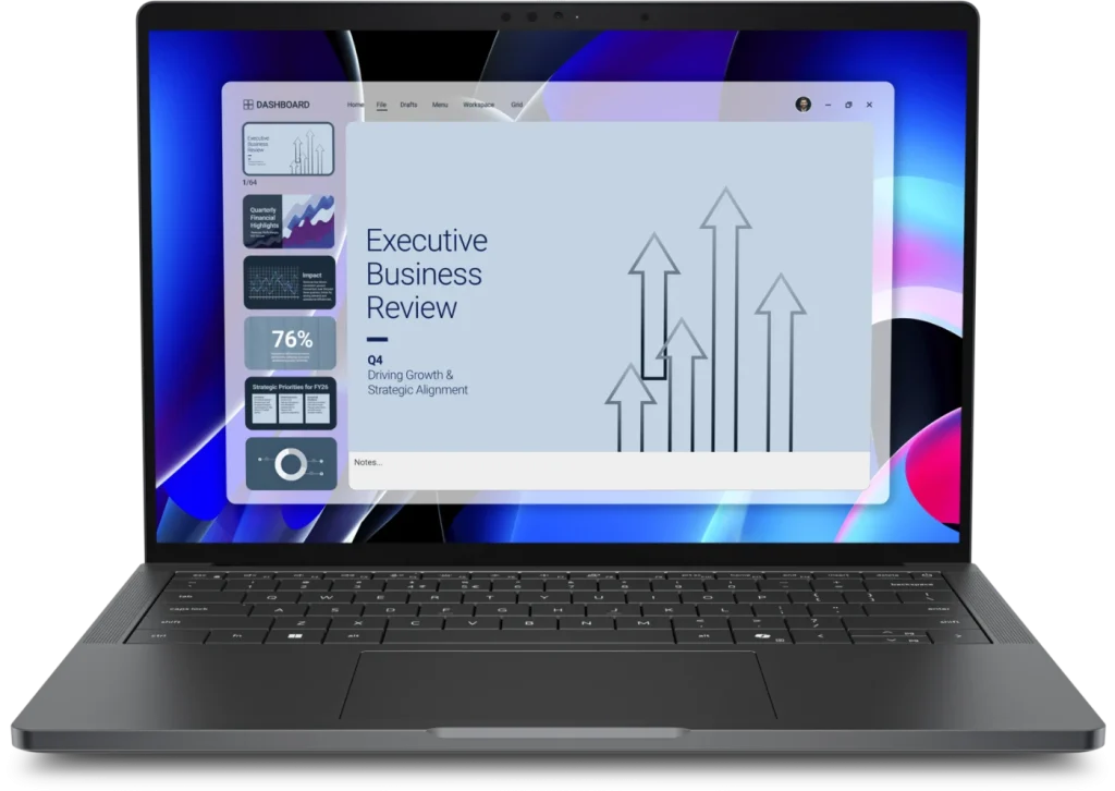 Laptop Dell Pro 14 Premium PA14260 nhìn chính diện, màn hình mở