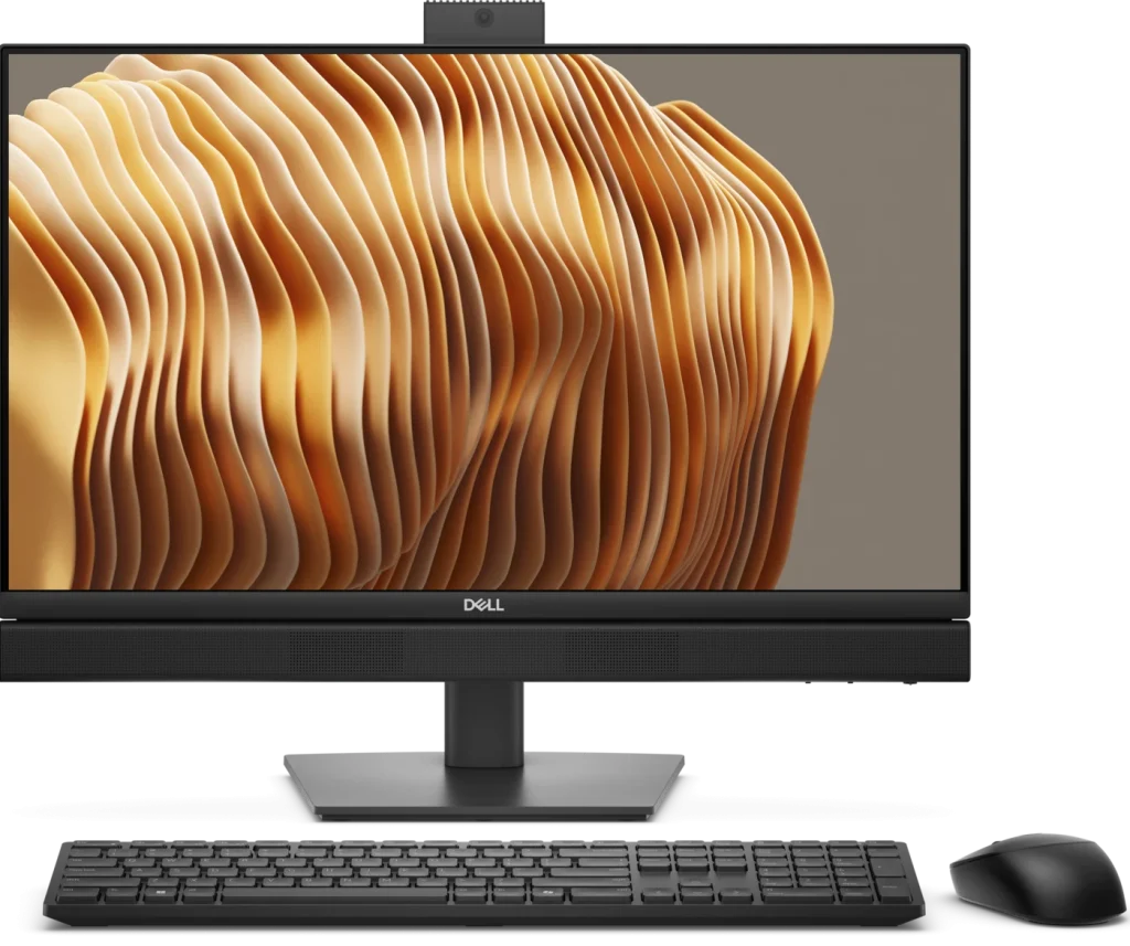 Máy tính All-in-One Dell Pro 24 QC24250 chân đế cố định, có camera, bàn phím và chuột đi kèm trong ảnh