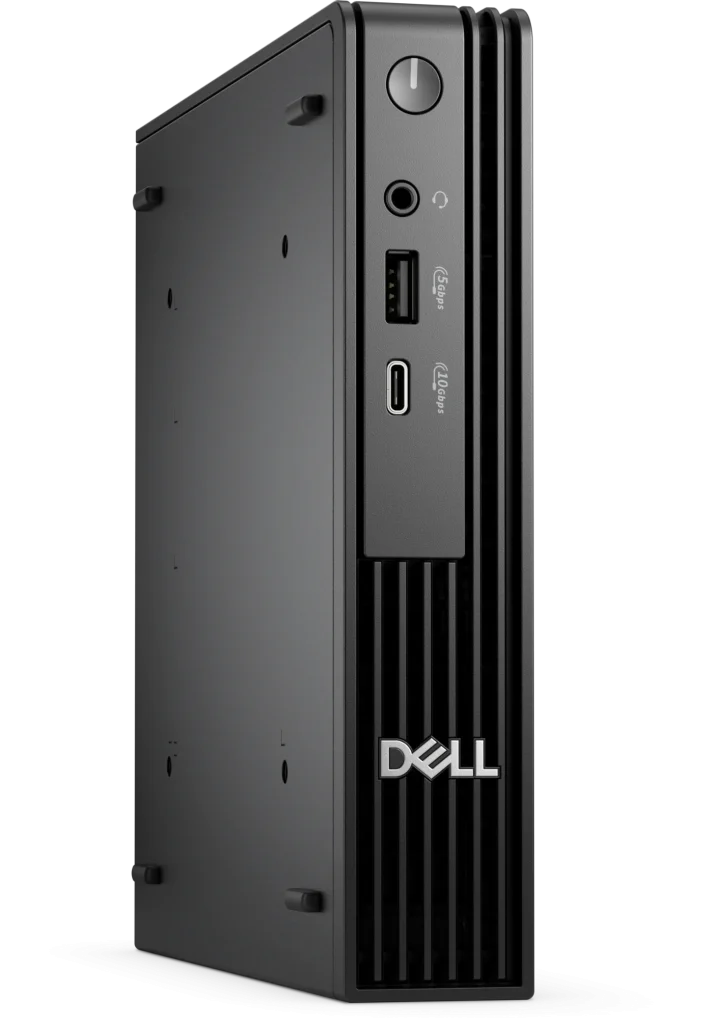 Máy tính để bàn Dell Pro Micro QCM1250 màu đen, nhìn chéo phía trước