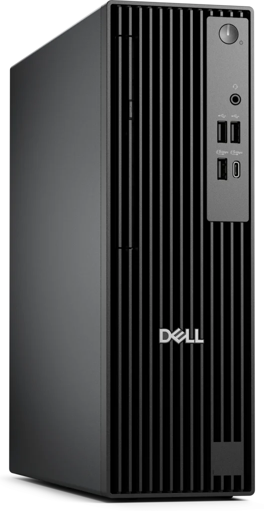 Máy tính Dell Pro Slim QCS1250 màu đen, nhìn chéo phía trước