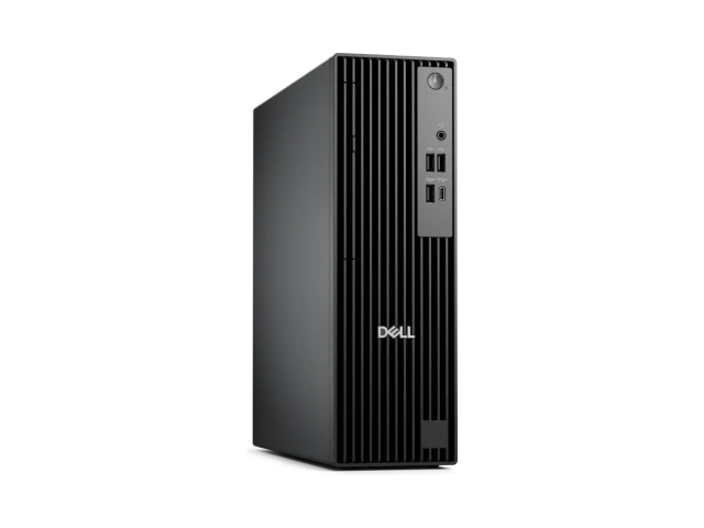 Máy tính Dell Pro Slim QCS1250 màu đen, nhìn chéo phía trước